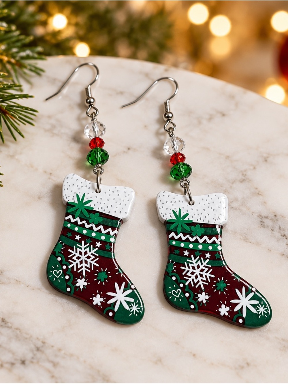 Fashion Jewelry Red & Green Christmas Stocking Drop Earrings